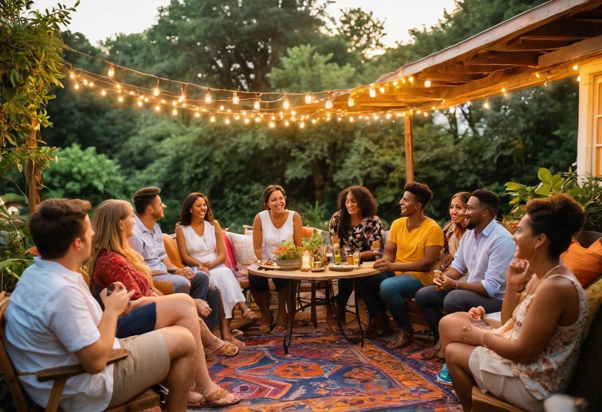 A lively scene capturing an intimate outdoor gathering with diverse groups of people sharing authentic and spontaneous moments. The atmosphere is light-hearted and fun, with laughter surrounding them, lush greenery in the background, colorful decorations, and cozy seating. Highlight the genuine expressions of connection and unexpected encounters between the individuals. A warm sunset casts a golden light on the scene, emphasizing the joy of unscripted experiences. super-realistic. vibrant colors. soft focus.