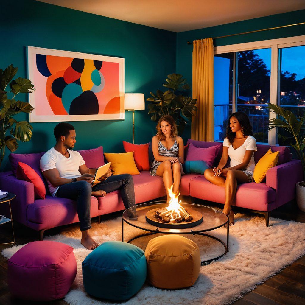 A vibrant and provocative illustration showcasing a diverse group of individuals creating unscripted adult content in a cozy, inviting living room setting. The scene should capture the spontaneity and authenticity of the moment, with warm lighting and engaging expressions on the participants' faces. Incorporate elements of playful intimacy and communication, surrounded by soft cushions and colorful decor to evoke a sense of openness and exploration. The overall atmosphere should feel modern and inclusive, highlighting the rise of this new wave in sexual entertainment. vibrant colors. contemporary art. warm lighting.